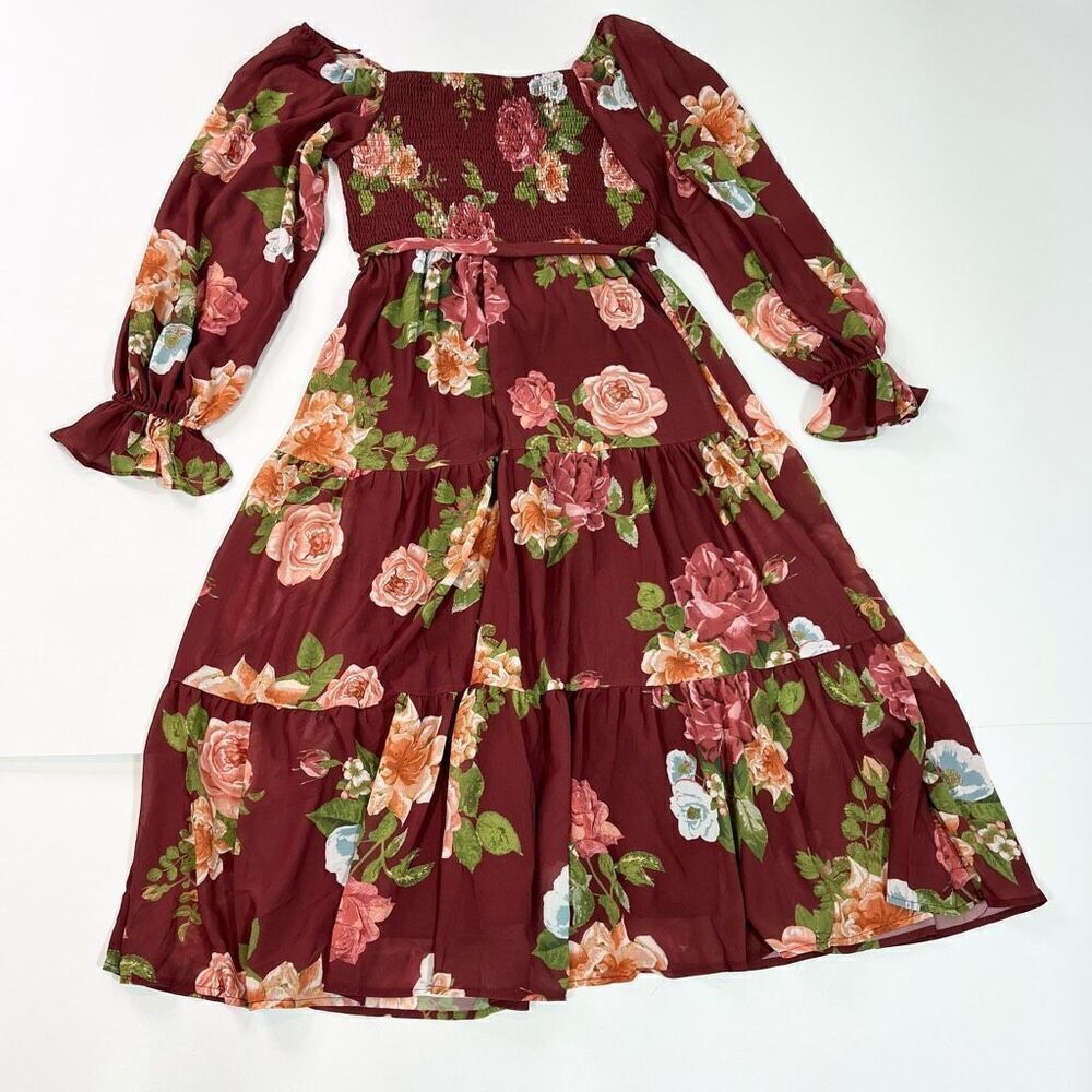 Vici Midi Dress Women XL Burgundy Floral Smocked Square Neck Belted Waist Tiered